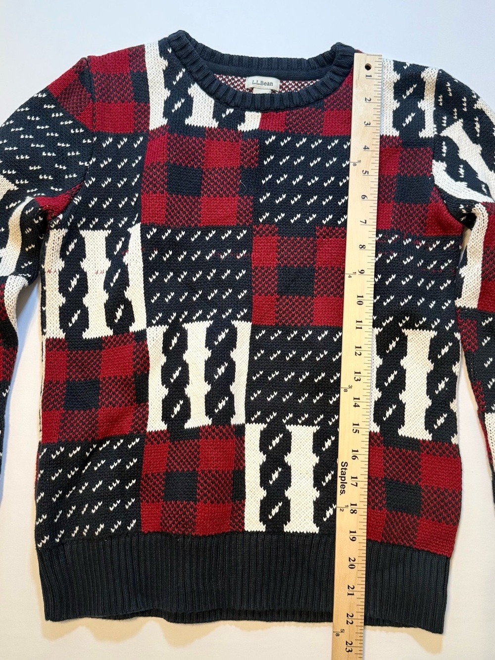 L.L.Bean Red Navy Patchwork Knit Sweater Size S